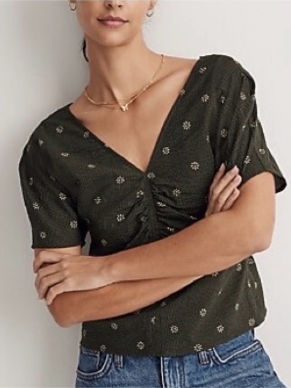 Madewell Green Floral Crop V-Neck